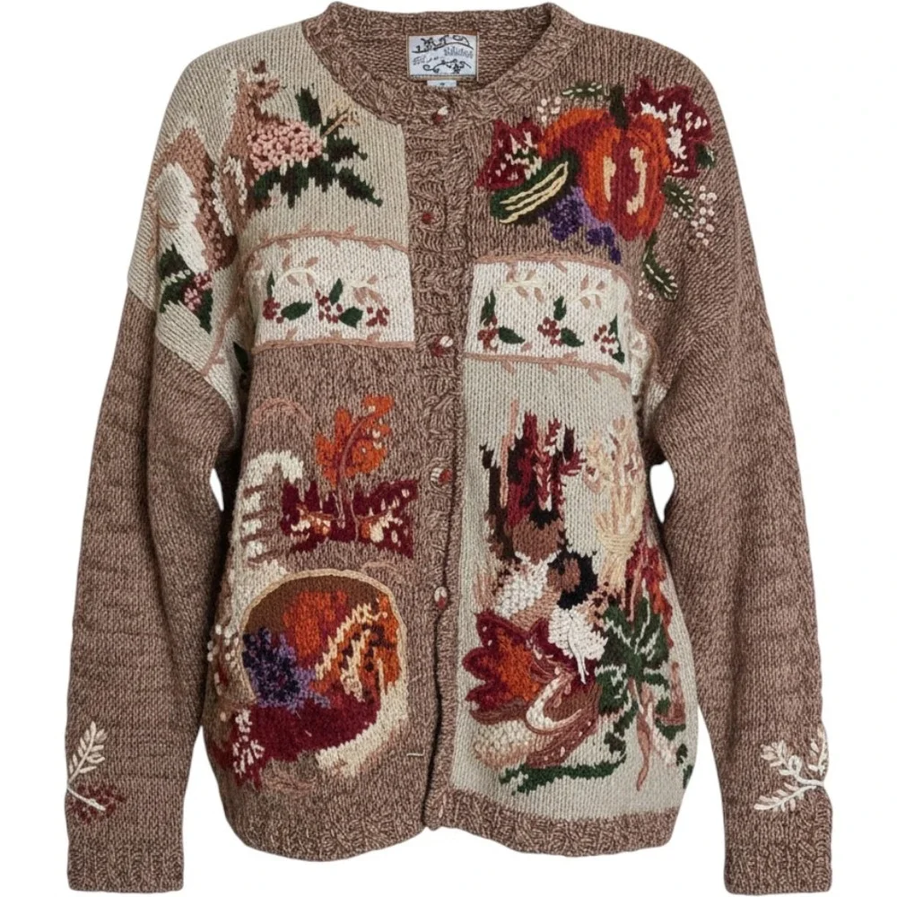 Heirloom Collectibles Vintage Fall Squirrel Pumpkin Cardigan Sweater Brown M